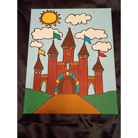 Handpainted Brown Castle Acrylic Painting On Canvas 11x14" Wall Decor Bedroom - Picture 2 of 3